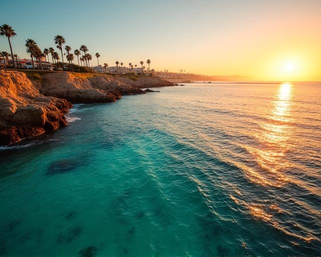 Golden hour at San Diego coastline with crystal clear water