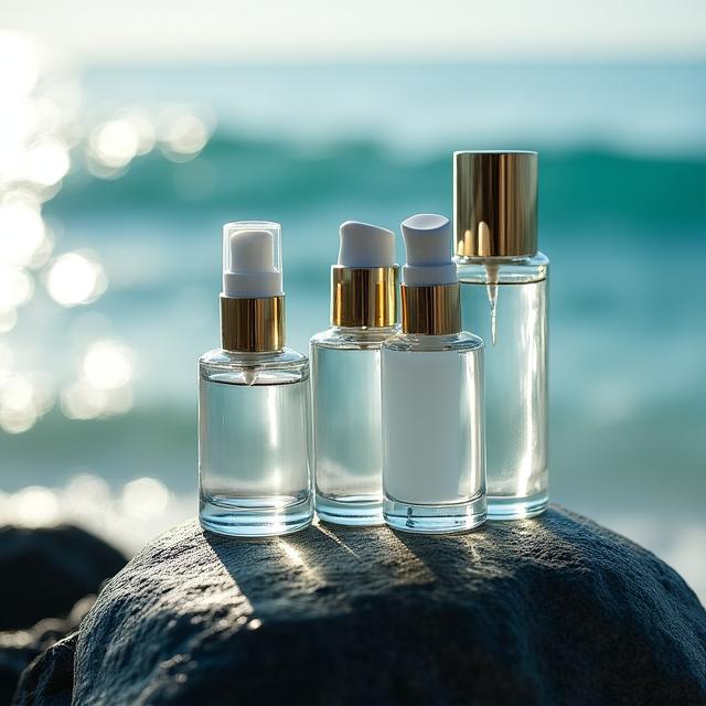 Clean skincare products on a coastal background