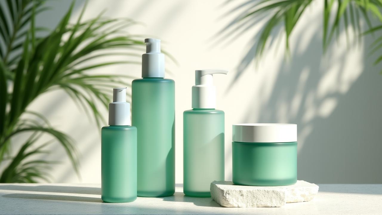 Minimalist skincare bottles arranged on a light stone surface with green leaves