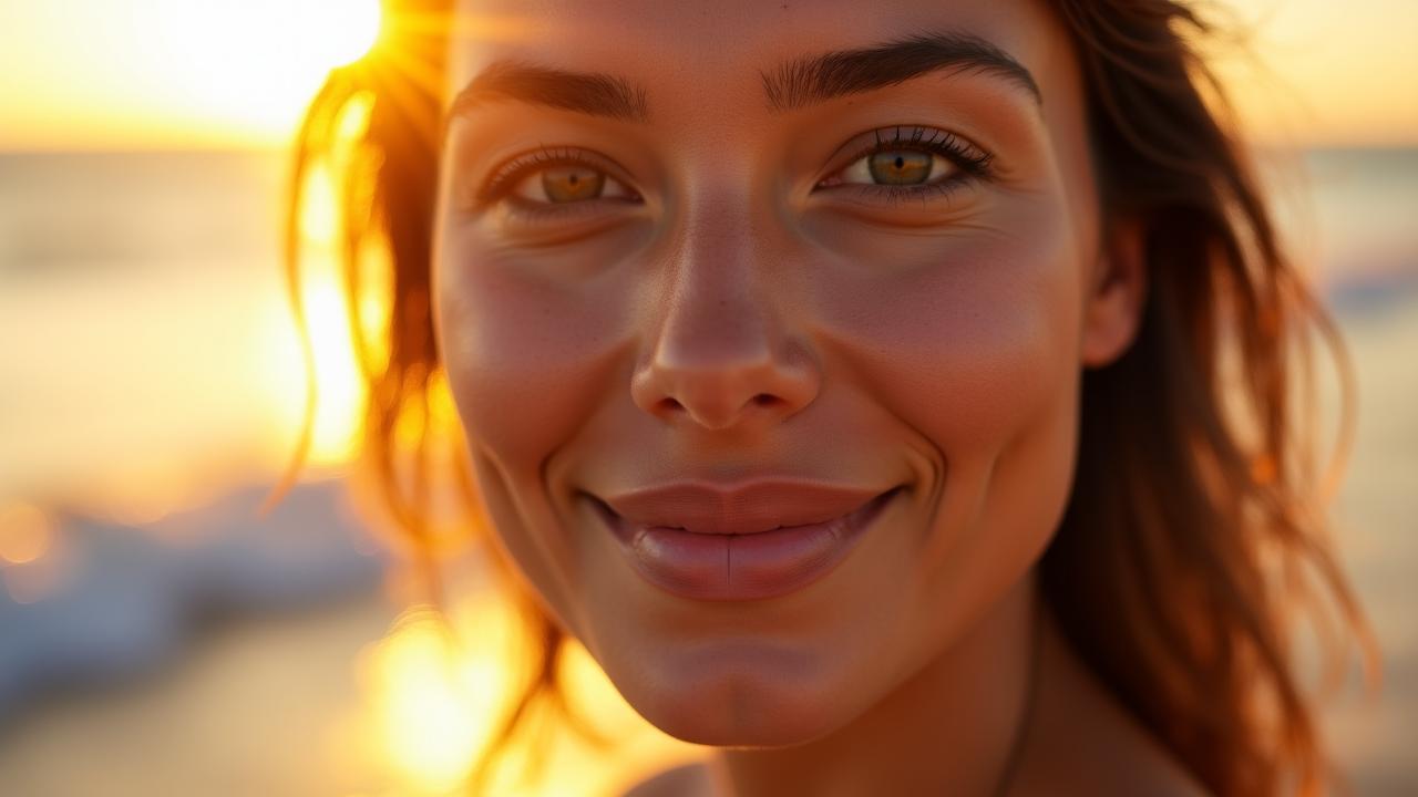 Person with radiant skin smiling at La Jolla Cove during sunset