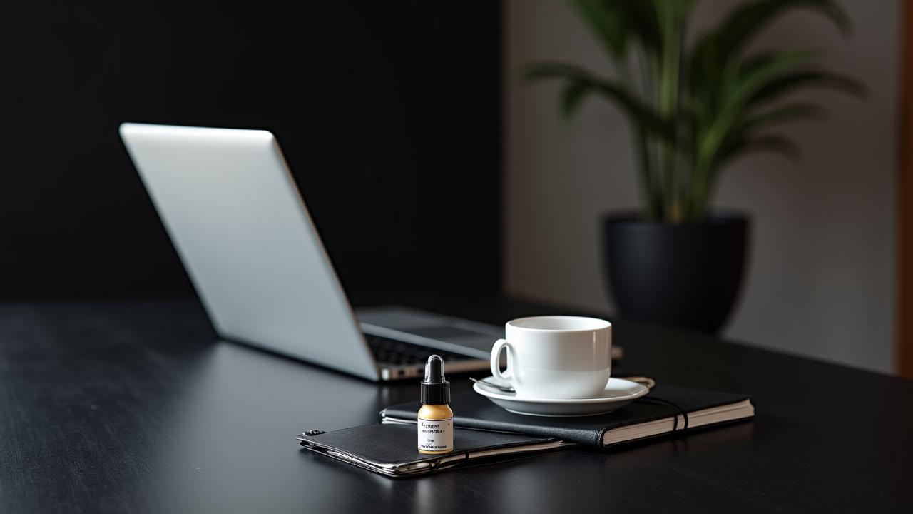Minimalist skincare kit on a clean office desk with a laptop and espresso