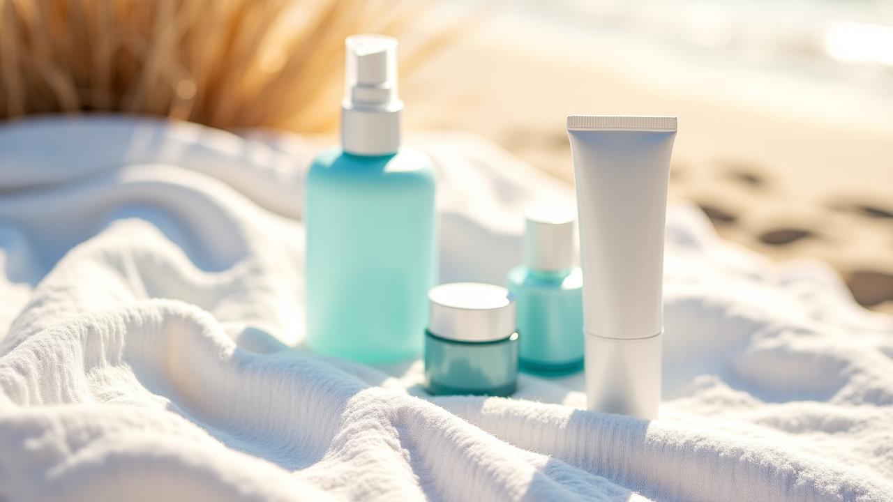 Artistic flat lay of Tideglow Summer Glow Kit items on a premium beach towel