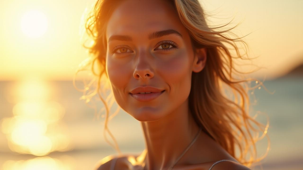 Sophisticated woman enjoying clear skin on a San Diego beach